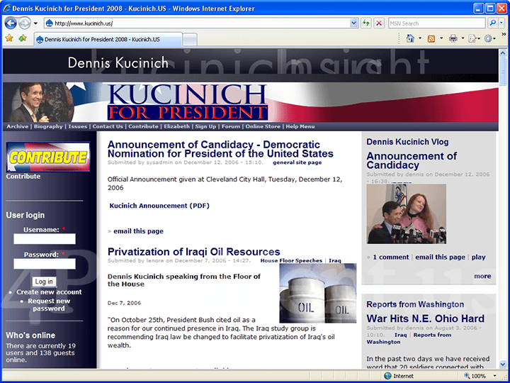 Dennis Kucinich 2008 Website - December 12, 2006