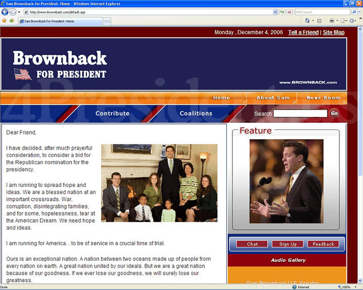 Sam Brownback 2008 Website - December 4, 2006