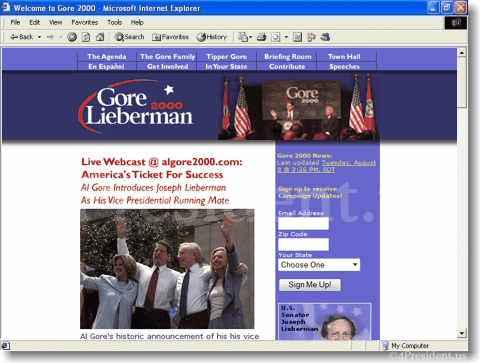 Al Gore 2000 Website Home Page - August 8, 2000