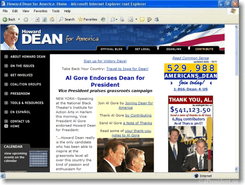 oward Dean 2004 Web Site Home Page on December 9, 2003