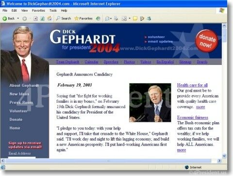 Dick Gephardt 2004 Website Home Page on February 21, 2003