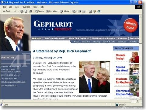 Dick Gephardt 2004 Website Home Page on January 21, 2004