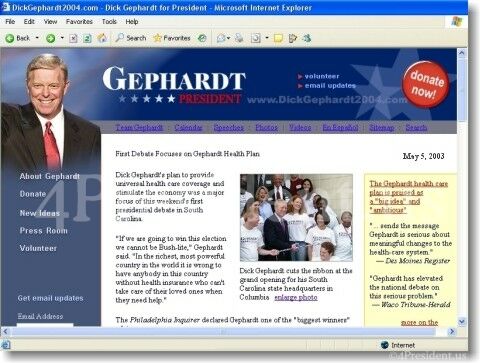 Dick Gephardt 2004 Website Home Page on May 5, 2003