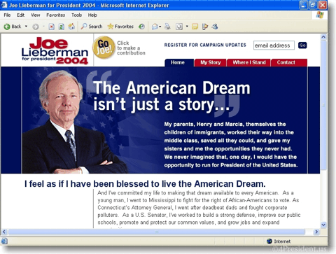 Joe Lieberman 2004 Web Site Home Page on January 13, 2003