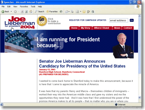Joe Lieberman 2004 Web Site Announcement Speech on January 13, 2003