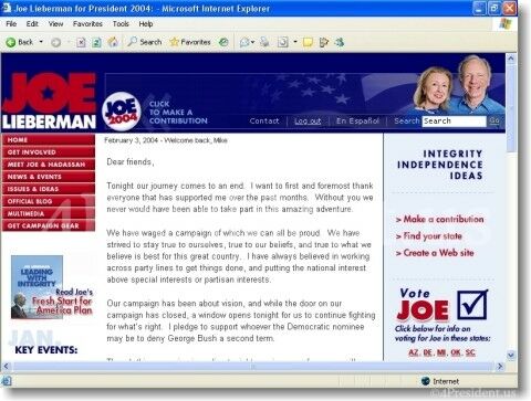 Joe Lieberman 2004 Web Site Home Page on February 3, 2004