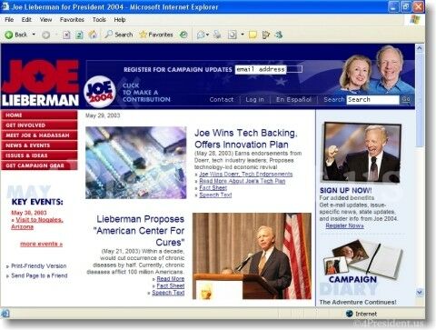 Joe Lieberman 2004 Web Site Home Page on May 30, 2003