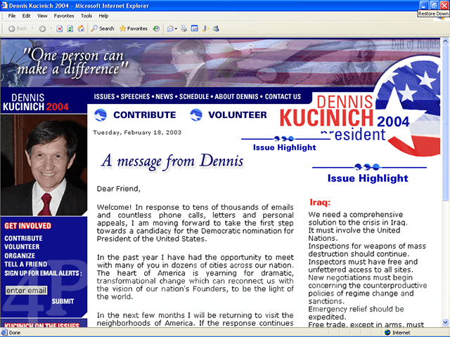 Dennis Kucinich 2004 Web Site - February 18, 2003