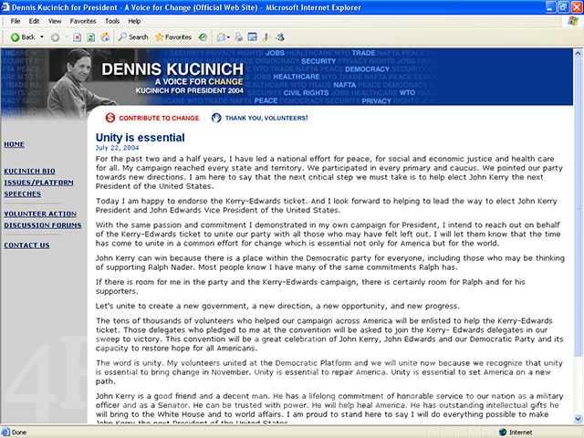 Dennis Kucinich 2004 Web Site - July 22, 2004