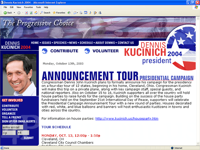 Dennis Kucinich 2004 Web Site - October 13, 2003