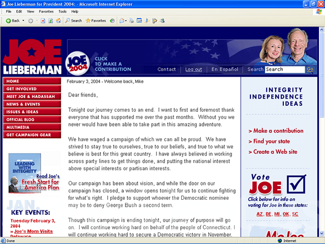 Joe Lieberman 2004 Web Site - February 3, 2004