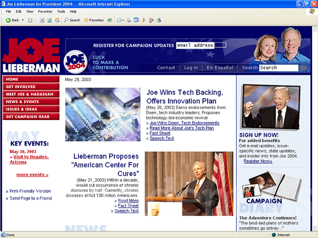 Joe Lieberman 2004 Web Site - May 30, 2003