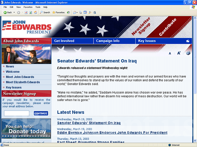 John Edwards 2004 Web Site - October 3, 2003 