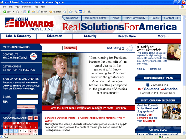 John Edwards 2004 Web Site - October 3, 2003 