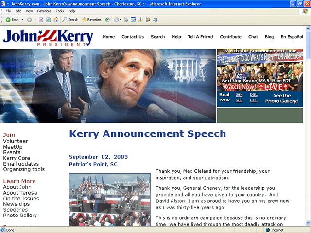John Kerry 2004 Web Site - August 29, 2003 to September 3, 2003