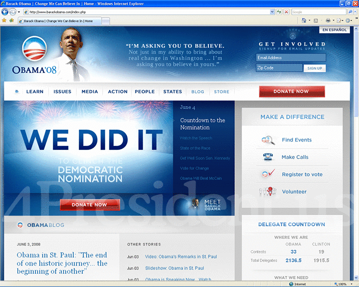 Barack Obama 2008 Website - June 3, 2008