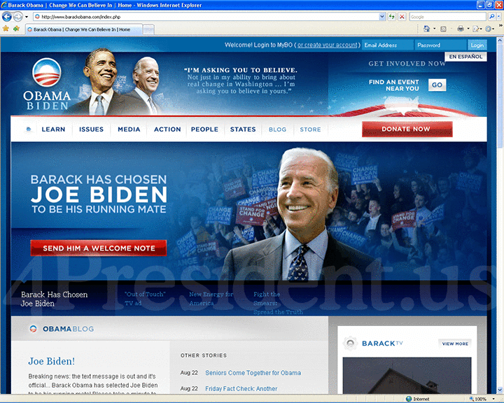 Barack Obama 2008 Website - August 23, 2008