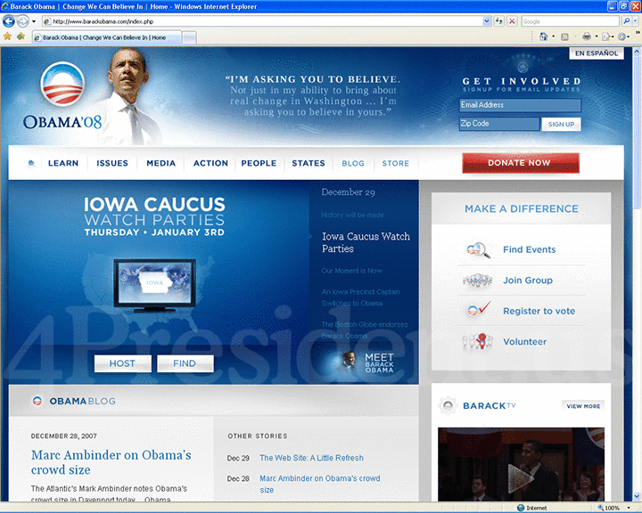 Barack Obama 2008 Website - December 29, 2007