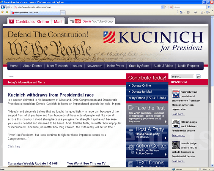 Dennis Kucinich 2008 Website - January 25, 2008