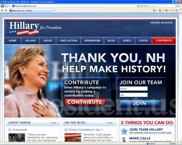 Hillary Clinton 2008 Website - January 8, 2008