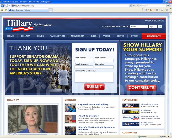 Hillary Clinton 2008 Website - June 7, 2008