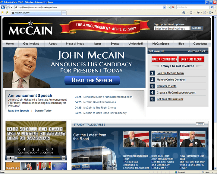 John McCain 2008 Website - April 25, 2007