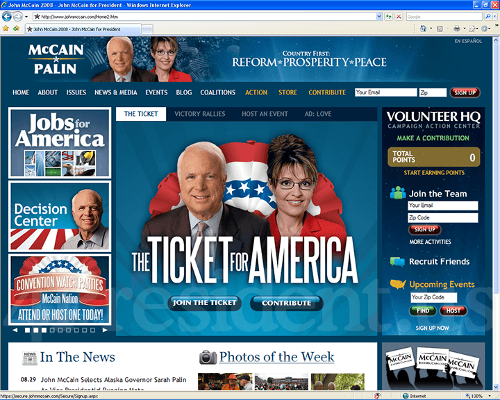 John McCain 2008 Website - August 29, 2008
