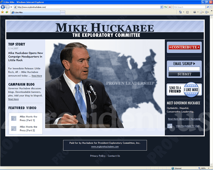 Mike Huckabee 2008 Website - February 16, 2007