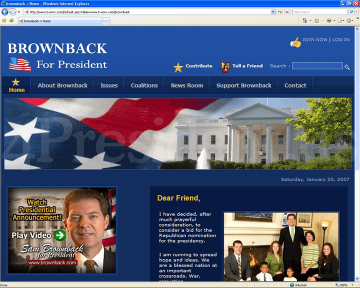 Sam Brownback 2008 Website - January 21, 2007