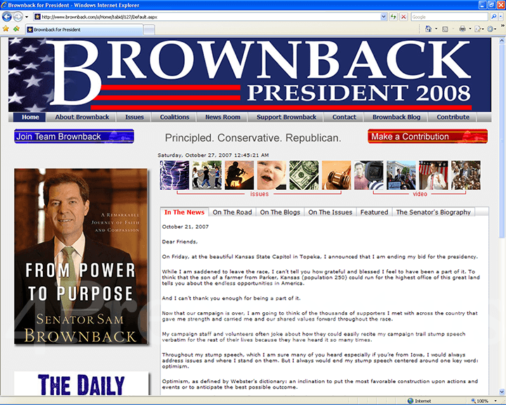Sam Brownback 2008 Website - October 19, 2007