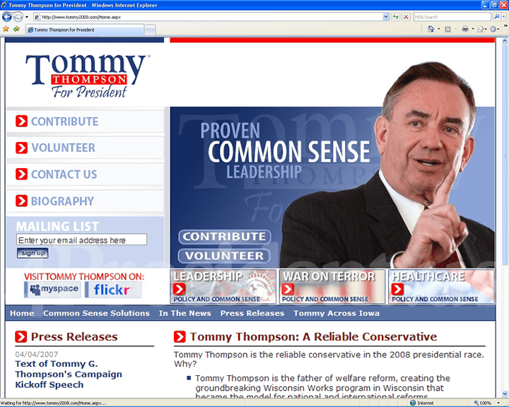 Tommy Thompson 2008 Website - April 4, 2007