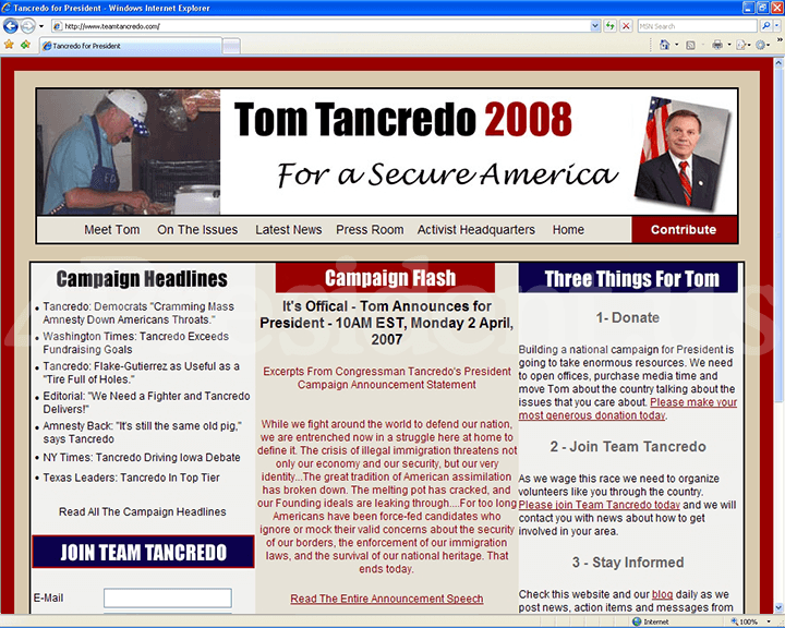 Tom Tancredo 2008 Website - April 2, 2007