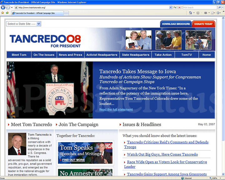 Tom Tancredo 2008 Website - May 3, 2007