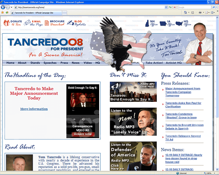 Tom Tancredo 2008 Website - December 20, 2007