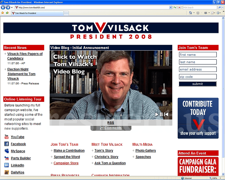 Tom Vilsack '08 Website - November 9, 2006
