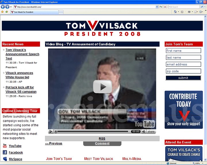 Tom Vilsack '08 Website - November 30, 2006