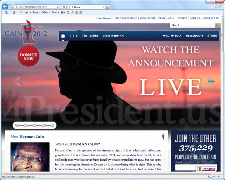 Herman Cain 2012 Website - December 3, 2011