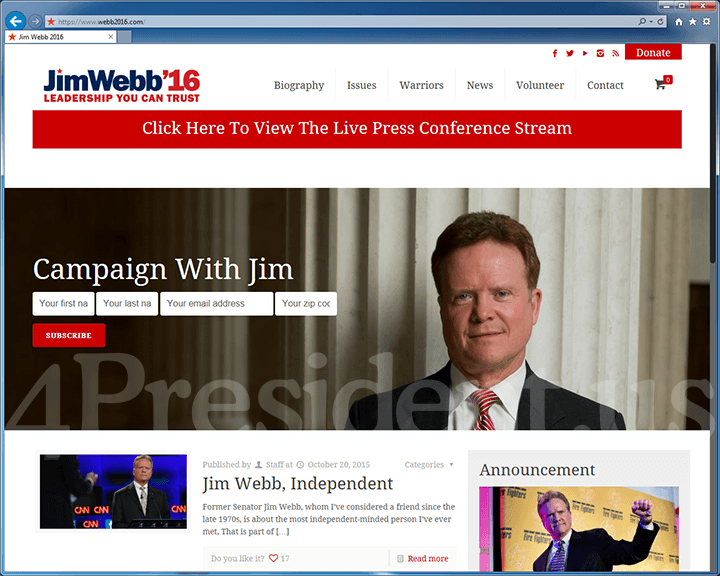 Jim Webb 2016 Presidential Campaign Website - October 20, 2015