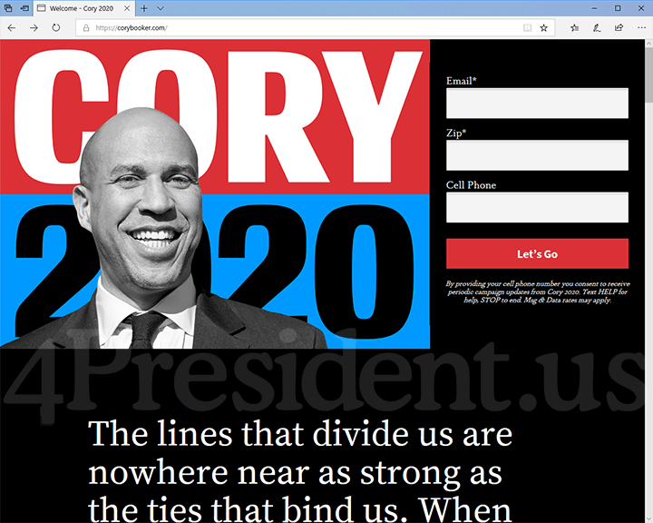 Cory Booker 2020 Website - February 1, 2019