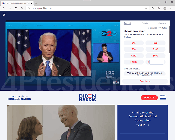Joe Biden 2020 Website - August 20, 2020
